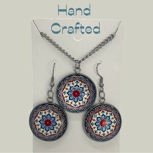Hand Crafted Red Blue White Mandala Boho Chic Festival Necklace Earrings Set NWT